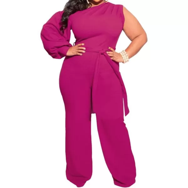 IyMoo Womens Sexy Plus Size One Shoulder Wide Leg Long Sleeve Cocktail V Neck Jumpsuits RomperRose Red