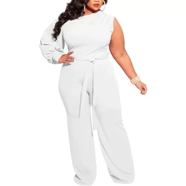 IyMoo Womens Sexy Plus Size One Shoulder Wide Leg Long Sleeve Cocktail V Neck Jumpsuits RomperWhite