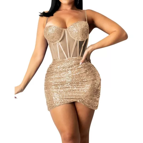 IyMoo Womens Sexy Sequin Glitter Spagetti Straps Bandage Bodycon Mini Club Party Dress308 Apricot