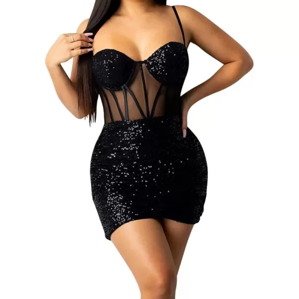 IyMoo Womens Sexy Sequin Glitter Spagetti Straps Bandage Bodycon Mini Club Party Dress308 Black
