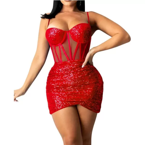 IyMoo Womens Sexy Sequin Glitter Spagetti Straps Bandage Bodycon Mini Club Party Dress308 Red