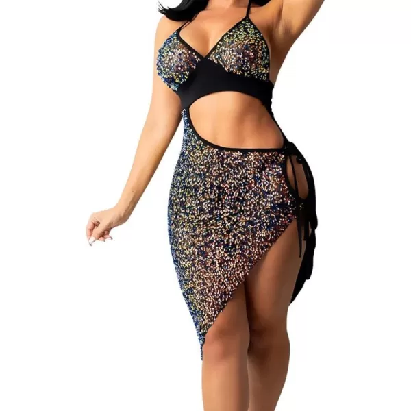 IyMoo Womens Sexy Sequin Glitter Spagetti Straps Bandage Bodycon Mini Club Party Dress309 Multicolored