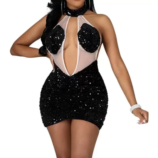 IyMoo Womens Sexy Sequin Glitter Spagetti Straps Bandage Bodycon Mini Club Party Dress322 Black