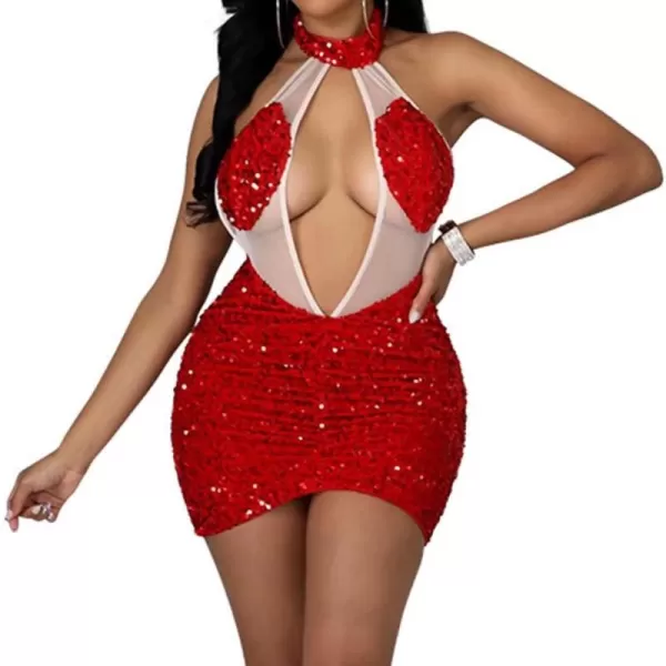 IyMoo Womens Sexy Sequin Glitter Spagetti Straps Bandage Bodycon Mini Club Party Dress322 Red