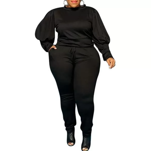 IyMoo Womens Solid Plus Size Sweatsuit Set 2 Piece Long Sleeve Pullover and Drawstring Sweatpants Sport Outfits SetsBlack