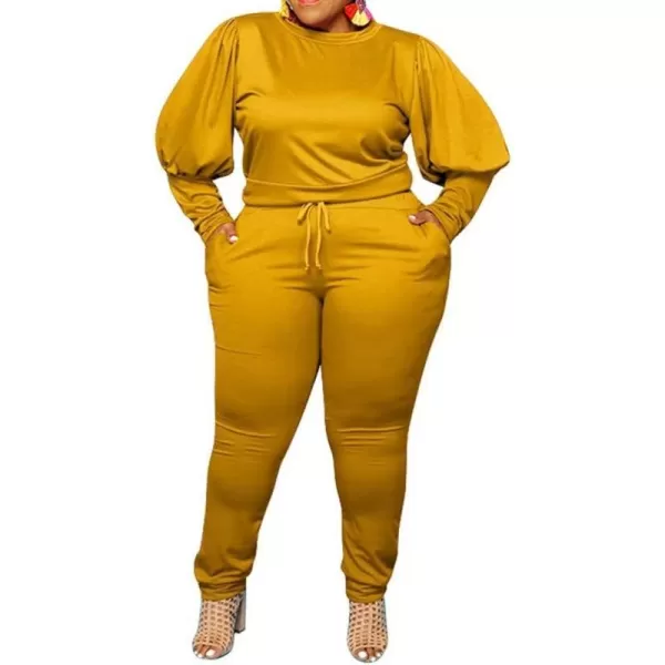 IyMoo Womens Solid Plus Size Sweatsuit Set 2 Piece Long Sleeve Pullover and Drawstring Sweatpants Sport Outfits SetsGinger Yellow