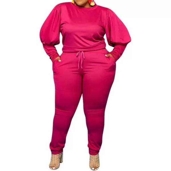 IyMoo Womens Solid Plus Size Sweatsuit Set 2 Piece Long Sleeve Pullover and Drawstring Sweatpants Sport Outfits SetsRose Red
