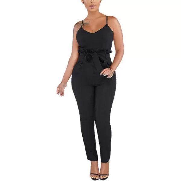 IyMoo Womens Spaghetti Strap Bodycon Tank One Piece Jumpsuits Rompers Playsuit with PocketsBlack