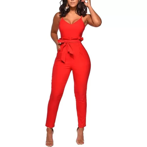 IyMoo Womens Spaghetti Strap Bodycon Tank One Piece Jumpsuits Rompers Playsuit with PocketsOrange Red