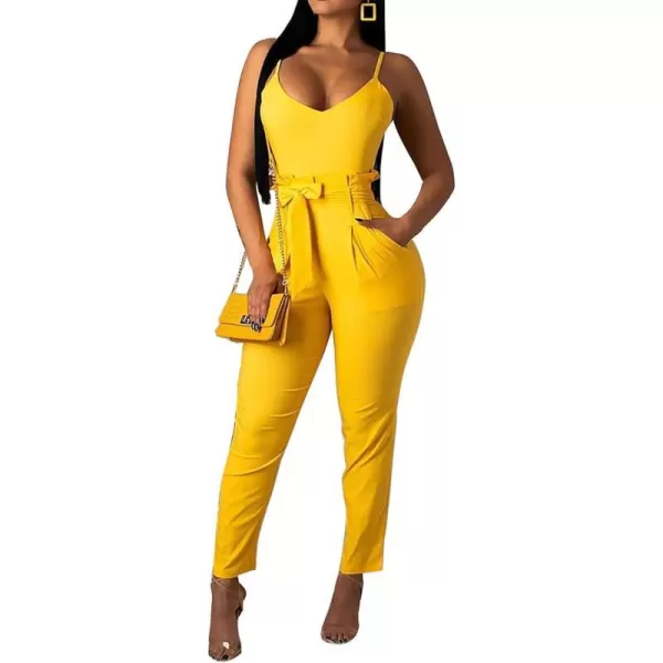 IyMoo Womens Spaghetti Strap Bodycon Tank One Piece Jumpsuits Rompers Playsuit with PocketsYellow