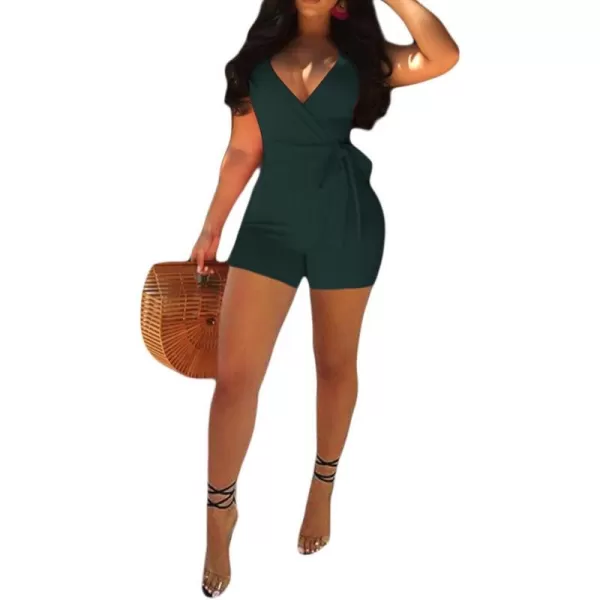 IyMoo Womenss Jumpsuits Sexy Deep V Neck Sleeveless Spaghetti Strap Playsuit Casual Romper Jumpsuits Shorts with BeltArmy Green