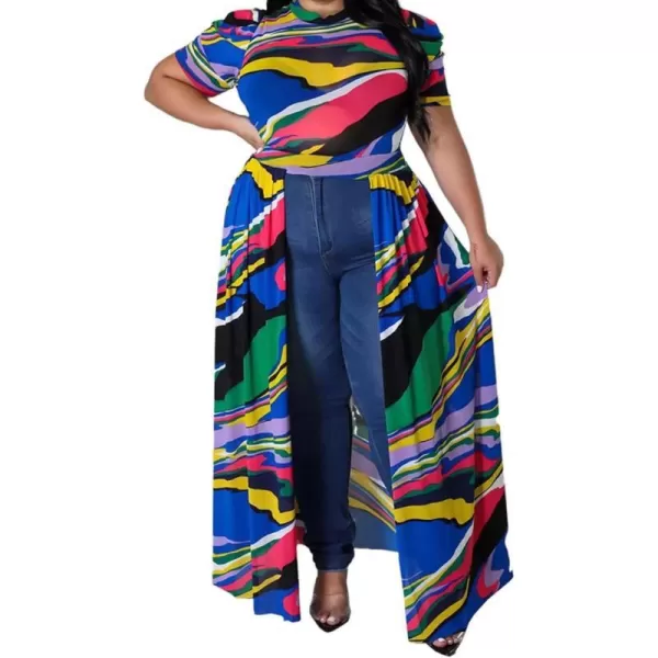 Plus Size High Low Tops for Women  Mesh See Through Puff Sleeve One Off Shoulder Asymmetrical Tunic Shirt Dresses066 Stripe