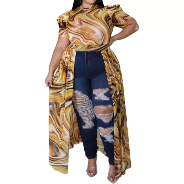 Plus Size High Low Tops for Women  Mesh See Through Puff Sleeve One Off Shoulder Asymmetrical Tunic Shirt Dresses066 Yellow
