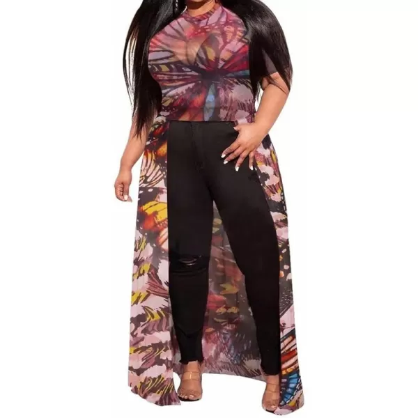 Plus Size High Low Tops for Women  Mesh See Through Puff Sleeve One Off Shoulder Asymmetrical Tunic Shirt Dresses219 Butterfly