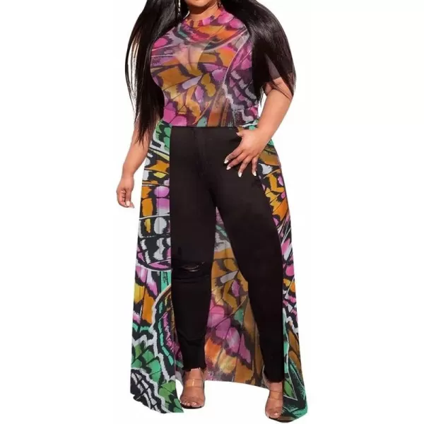 Plus Size High Low Tops for Women  Mesh See Through Puff Sleeve One Off Shoulder Asymmetrical Tunic Shirt Dresses219 Yellow Butterfly