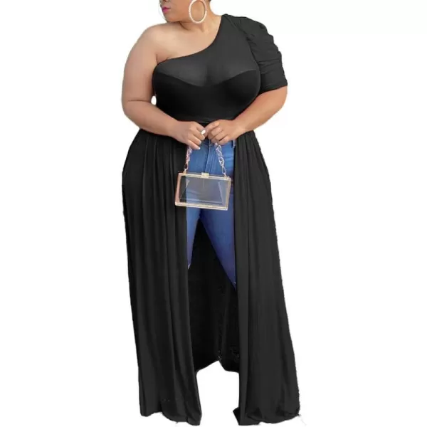 Plus Size High Low Tops for Women  Mesh See Through Puff Sleeve One Off Shoulder Asymmetrical Tunic Shirt DressesBlack