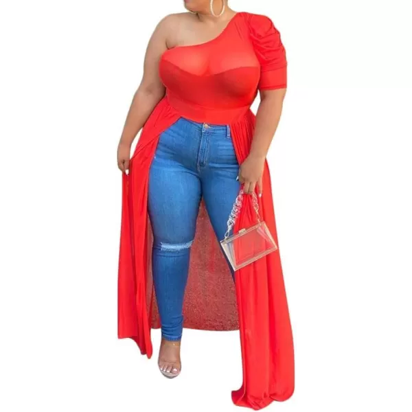 Plus Size High Low Tops for Women  Mesh See Through Puff Sleeve One Off Shoulder Asymmetrical Tunic Shirt DressesRed