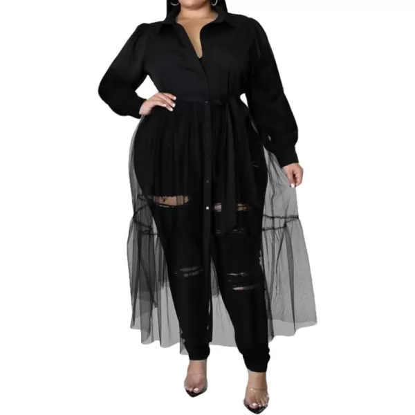 Plus Size Tulle Shirt Dresses for Women  Short Sleeve Button Down Tops Mesh Patchwork Ruched Belted Maxi Dress268 Black