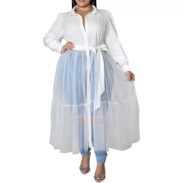 Plus Size Tulle Shirt Dresses for Women  Short Sleeve Button Down Tops Mesh Patchwork Ruched Belted Maxi Dress268 White