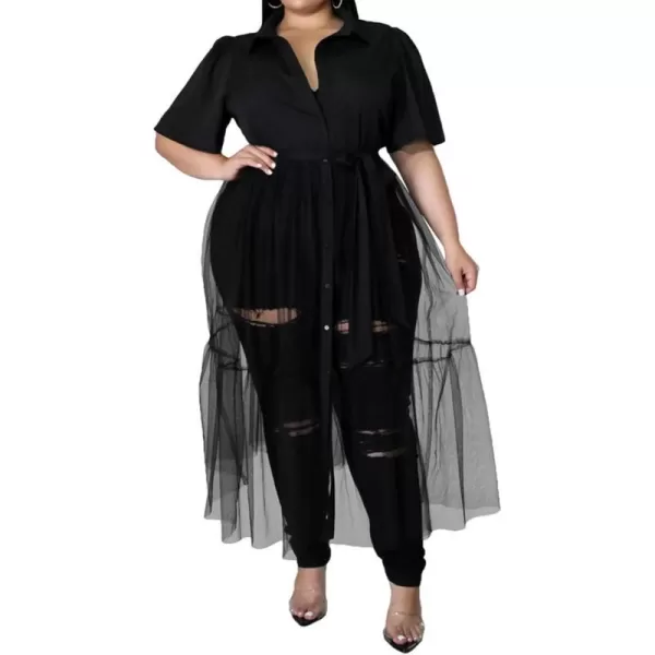 Plus Size Tulle Shirt Dresses for Women  Short Sleeve Button Down Tops Mesh Patchwork Ruched Belted Maxi DressBlack