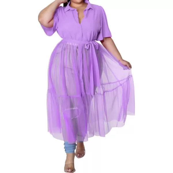 Plus Size Tulle Shirt Dresses for Women  Short Sleeve Button Down Tops Mesh Patchwork Ruched Belted Maxi DressLight Purple