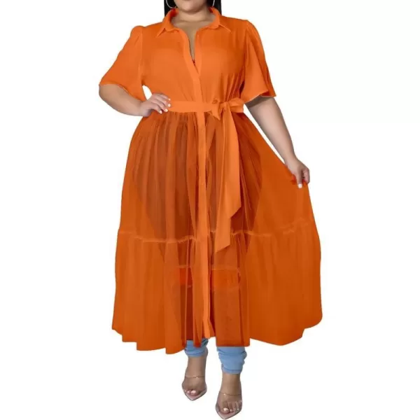 Plus Size Tulle Shirt Dresses for Women  Short Sleeve Button Down Tops Mesh Patchwork Ruched Belted Maxi DressOrange