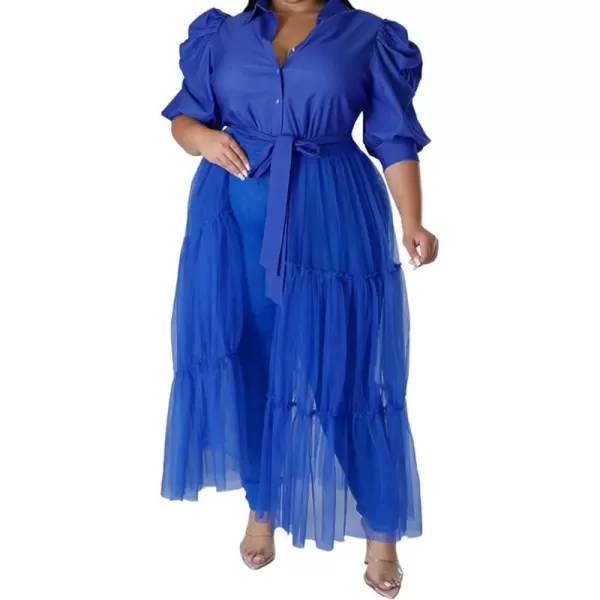 Plus Size Tulle Shirt Dresses for Women  Short Sleeve Button Down Tops Mesh Patchwork Ruched Belted Maxi DressPuff Sleeve Blue