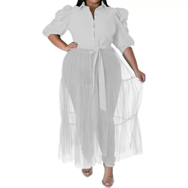 Plus Size Tulle Shirt Dresses for Women  Short Sleeve Button Down Tops Mesh Patchwork Ruched Belted Maxi DressPuff Sleeve White