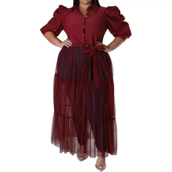 Plus Size Tulle Shirt Dresses for Women  Short Sleeve Button Down Tops Mesh Patchwork Ruched Belted Maxi DressPuff Sleeve Wine Red