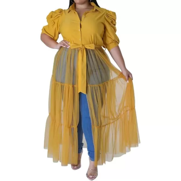 Plus Size Tulle Shirt Dresses for Women  Short Sleeve Button Down Tops Mesh Patchwork Ruched Belted Maxi DressPuff Sleeve Yellow