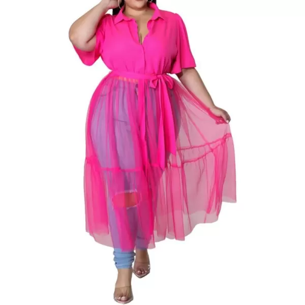 Plus Size Tulle Shirt Dresses for Women  Short Sleeve Button Down Tops Mesh Patchwork Ruched Belted Maxi DressRose Red
