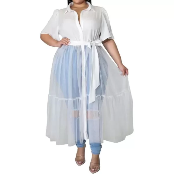 Plus Size Tulle Shirt Dresses for Women  Short Sleeve Button Down Tops Mesh Patchwork Ruched Belted Maxi DressWhite