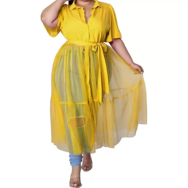 Plus Size Tulle Shirt Dresses for Women  Short Sleeve Button Down Tops Mesh Patchwork Ruched Belted Maxi DressYellow