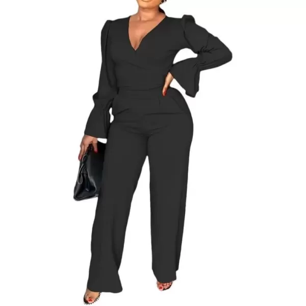 Two Piece Outfits for Women Long Bell Sleeve Elegant V Neck Wrap Tie Waist Tops Wide Pants Set with Pockets S2XLA1 Black