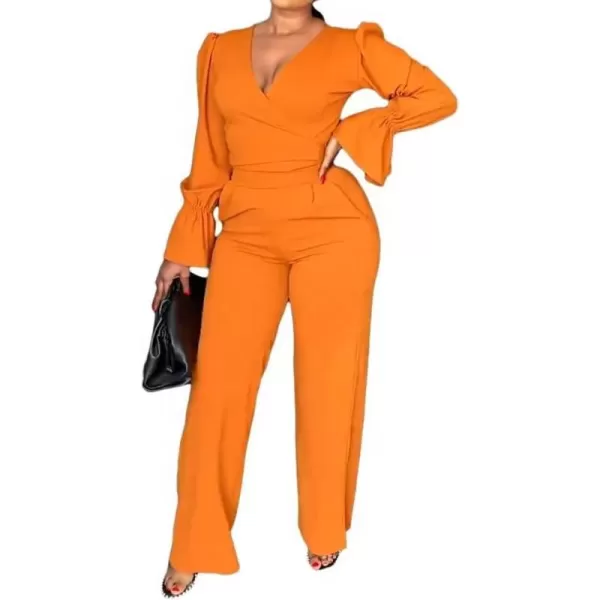 Two Piece Outfits for Women Long Bell Sleeve Elegant V Neck Wrap Tie Waist Tops Wide Pants Set with Pockets S2XLA1 Orange