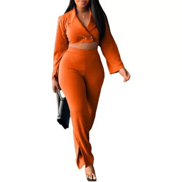 Two Piece Outfits for Women Long Bell Sleeve Elegant V Neck Wrap Tie Waist Tops Wide Pants Set with Pockets S2XLA2 Orange