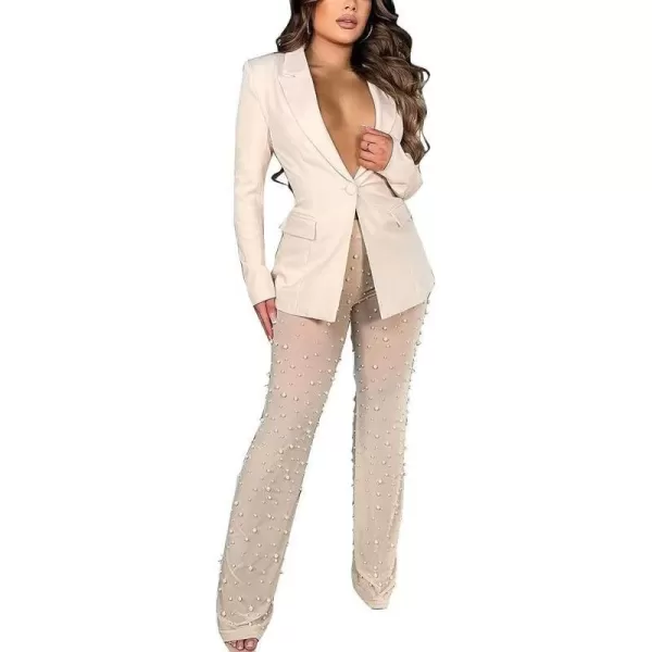 Two Piece Outfits for Women Long Sleeve Lapel Blazer Sheer Mesh Beaded Bodycon Long Pants Set S2XLA1 Beige