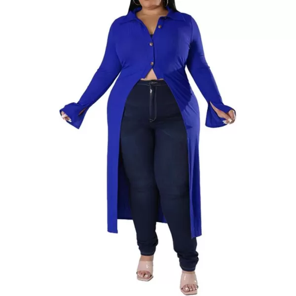 Women Plus Size High Low Tops Slit Sleeve Lapel Button Down Shirt Knit Ribbed Wrap Bodycon Tops Long CardigansBlue