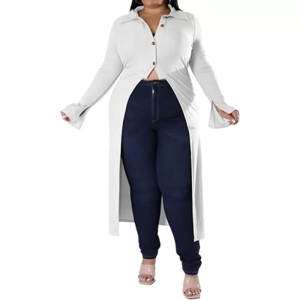 Women Plus Size High Low Tops Slit Sleeve Lapel Button Down Shirt Knit Ribbed Wrap Bodycon Tops Long CardigansWhite