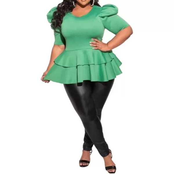 Women Plus Size Puff Sleeve Slant Shoulder High Low Asymmetrical Bodycon Bodice Blouse Shirt Tops071 Green