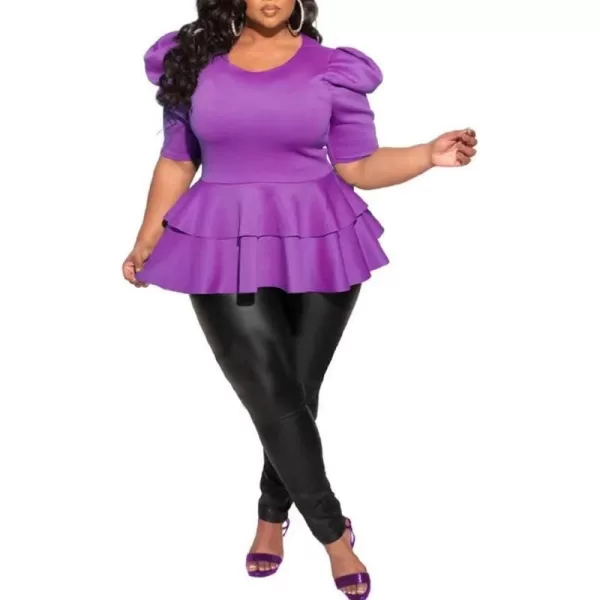 Women Plus Size Puff Sleeve Slant Shoulder High Low Asymmetrical Bodycon Bodice Blouse Shirt Tops071 Purple