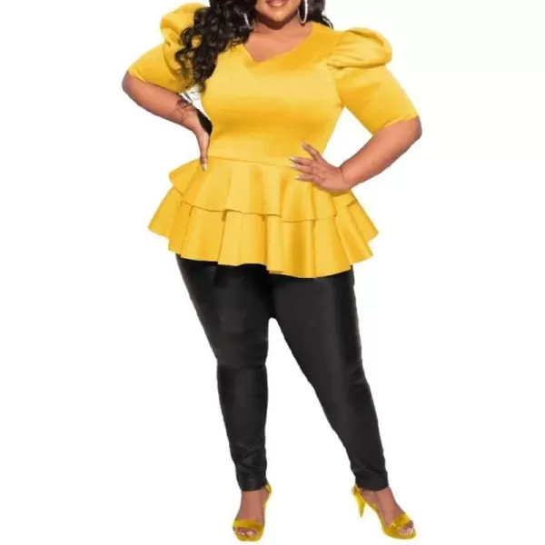 Women Plus Size Puff Sleeve Slant Shoulder High Low Asymmetrical Bodycon Bodice Blouse Shirt Tops071 Yellow