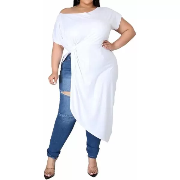 Women Plus Size Puff Sleeve Slant Shoulder High Low Asymmetrical Bodycon Bodice Blouse Shirt Tops166 White