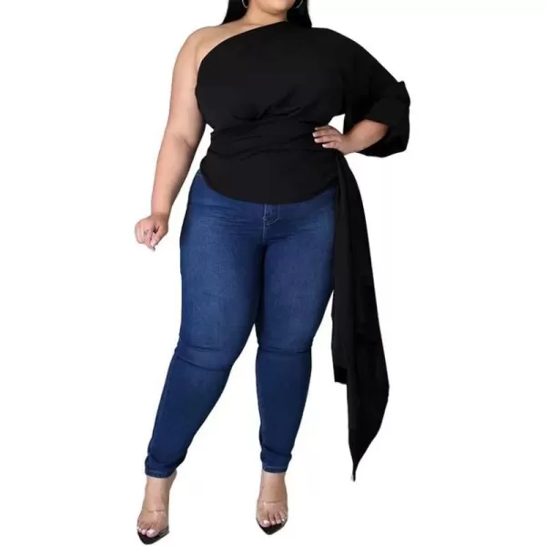 Women Plus Size Puff Sleeve Slant Shoulder High Low Asymmetrical Bodycon Bodice Blouse Shirt TopsBlack