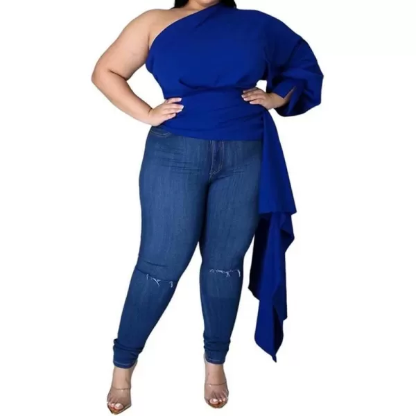 Women Plus Size Puff Sleeve Slant Shoulder High Low Asymmetrical Bodycon Bodice Blouse Shirt TopsBlue