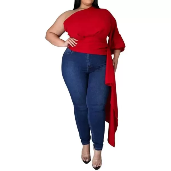 Women Plus Size Puff Sleeve Slant Shoulder High Low Asymmetrical Bodycon Bodice Blouse Shirt TopsRed