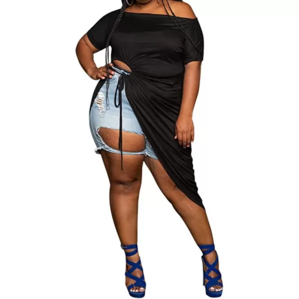 Women Plus Size Short Sleeve Hollow Out High Low Asymmetrical Bodycon Bodice Blouse Shirt TopsBlack