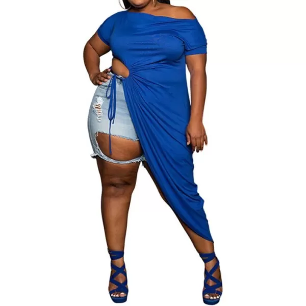 Women Plus Size Short Sleeve Hollow Out High Low Asymmetrical Bodycon Bodice Blouse Shirt TopsBlue