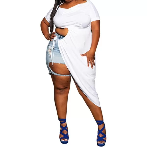 Women Plus Size Short Sleeve Hollow Out High Low Asymmetrical Bodycon Bodice Blouse Shirt TopsWhite