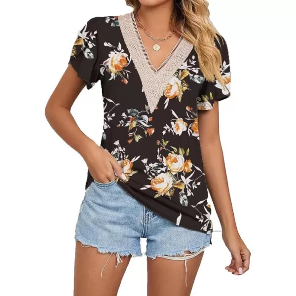 Womens Casual Petal Sleeve Lace Trim V Neck Tops 2023 Summer Loose Tee Shirts BlouseBlack Red